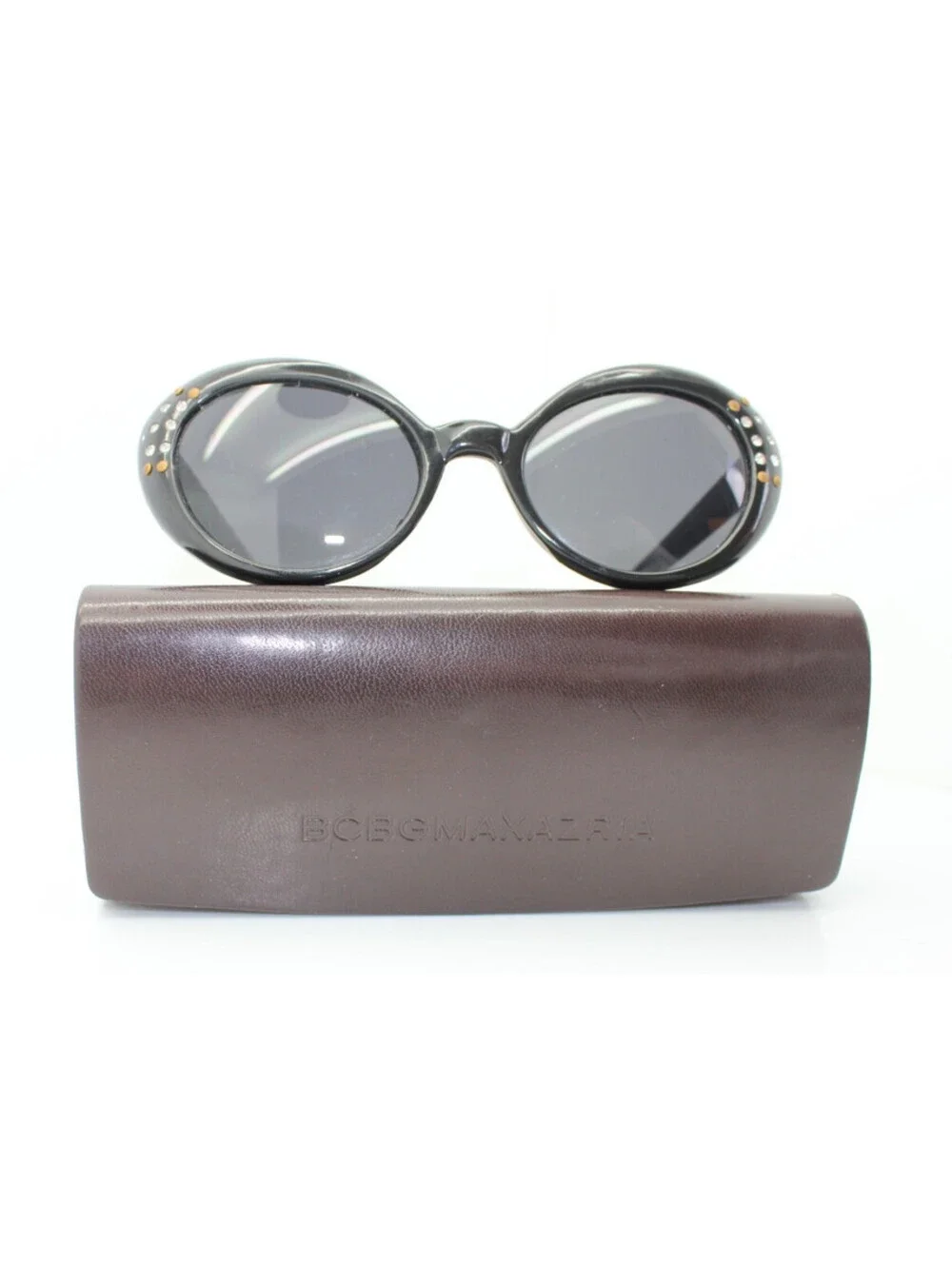 Vintage BCBGMAXAZRIA Rhinestone Cat Eye Oval Sunglasses Black Retro Case